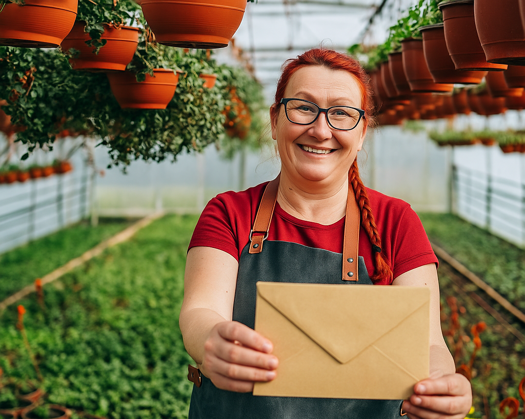 Persona con delantal sosteniendo un sobre de papel en un invernadero, rodeada de macetas colgantes y plantas verdes.